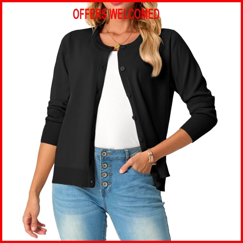 Lightweight Button Down Long Sleeve Crewneck Cardigan Sweater